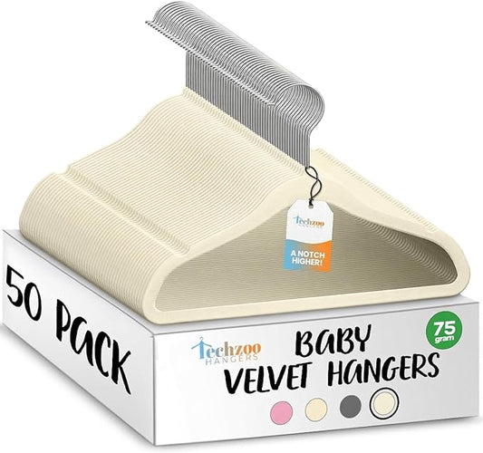 TechZoo 50 Premium Baby Velvet Hangers - 11.8" Non-Slip, Ultra-Slim Space-Saving Children Closet Hangers - 360° Swivel Hook, Strong & Durable Infant & Toddler Clothes Hangers for Wardrobe - Ivory