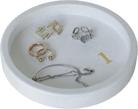 COLLECTIVE HOME - Velvet Jewelry Tray, 6" Monogrammed Jewelry Dish, Smooth Velour Display Dish for Rings, Earrings, Necklaces, Makeup, Personalized Gifts for Women (White-l)