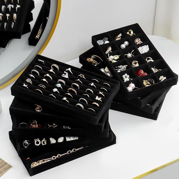 SPAKOWN Jewelry Drawer Organizer Inserts Set of 9, Jewelry Trays for Drawers Velvet Jewelry Organizer Tray Drawer Jewelry Organizers and Storage for Earring Ring Necklace Watch Bracelet (Black)