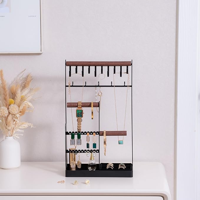 ProCase Jewelry Organizer Jewelry Stand Jewelry Holder Organizer, 5-Tier Necklace Organizer with Ring Tray, Large Aesthetic Jewelry Tower Storage Rack Tree for Bracelets Earrings Rings -Large, Black