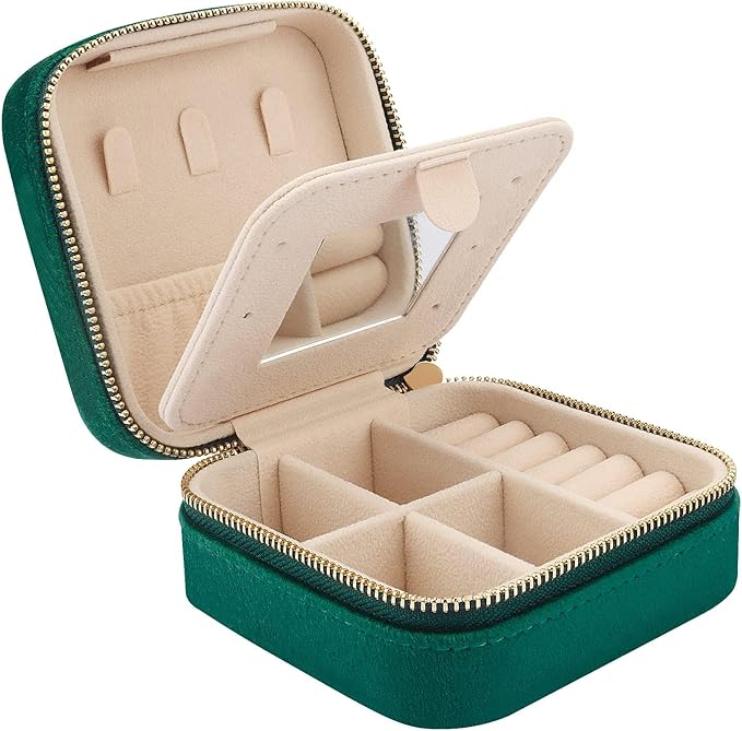 DesignSter Travel Jewelry Box - Velvet Mini Jewelry Organizer, Small Jewelry Case for Girls Women, Jewelry Storage Box for Rings Earrings Necklace (Square, Emerald Green)
