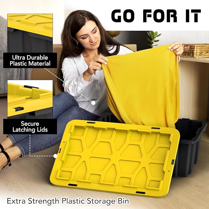 8 PACK Medium Black & Yellow Storage Bins | Plastic Tote Organizing Container with Secure Latching Lids, Stackable, Extra Strength with Built in Handle | Black and Yellow Bins | 24.5" x 16.5" x 9"