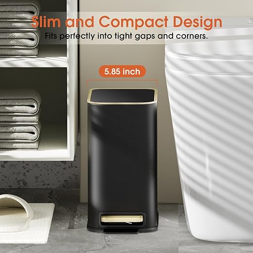 Small Bathroom Trash Can with Lid Soft Close, 5L / 1.3 Gallon Slim Garbage Can with Removable Inner Bucket, Step Stainless Steel Trash Bin for Office, Bathrooms, Bedroom, Living Room (Black)