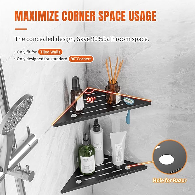 Corner Shower Shelves with Razor Hole, Modern Sturdy Shower Caddy, 10" 304 Stainless Steel Shower Organizers Bathroom Shelf for Tile Wall, No Drilling Grout Mount Shelf for Shower,Bathroom Accessories