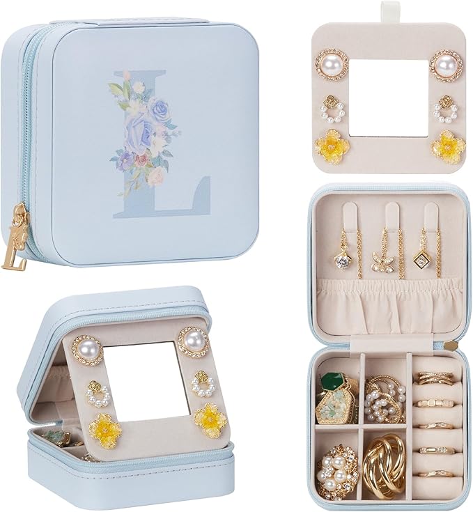 Enthralite Travel Jewelry Box for Gift: Traveling Jewelry Case for Girls Women - Mini Organizer for Necklaces Earrings Blue L