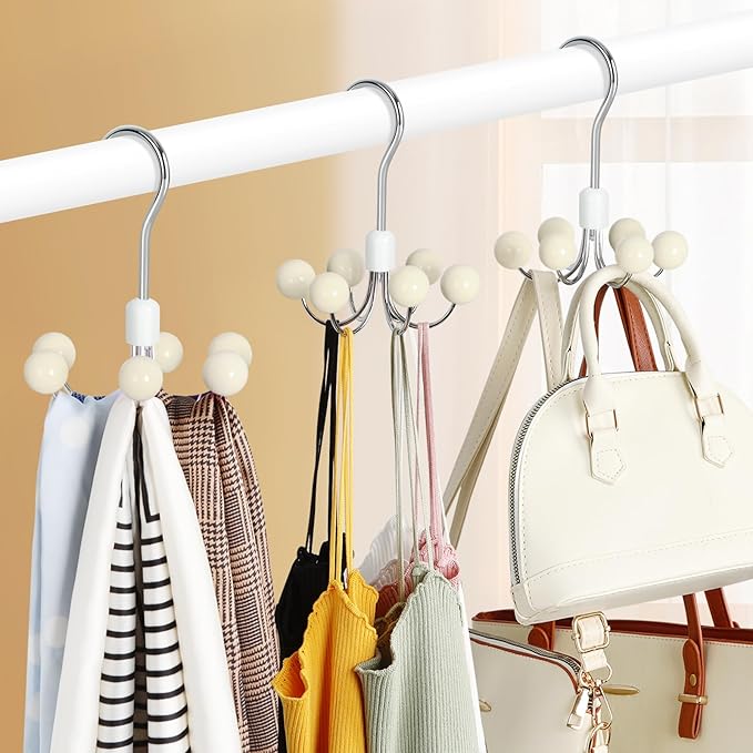 TOPIA HANGER Hoodie Hangers 4-Pack with 6 Wood Balls, 360°Swivel Purse Hanger, Scarf Hanger, Closet Hooks, Handbag Organizer, Bra Hanger, Accessory Organizers for Scarf, Tanktop, Hat, Hoodie CT57W