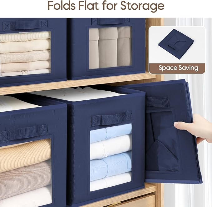 Homsorout Storage Cube 11 Inch - Cube Storage Bins with Window, Closet Storage Baskets with Handle, Fabric Bins for Closet, Shelves, Toys, Clothes, Set of 8, Navy Blue
