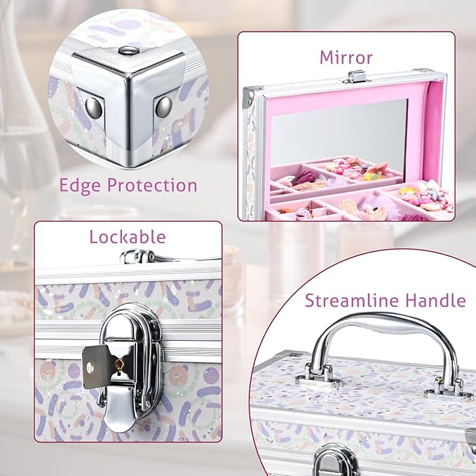 Hododou Girls Jewelry Box Organizer with Drawer & Mirror, Shiny Pink Style Lockable Storage Case for Kid or Little Girls Jewelry and Hair Accessories Lilac