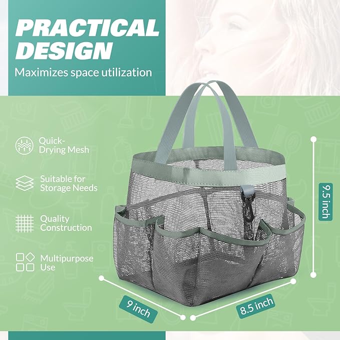 LOYEE Mesh Shower Caddy Portable for College Dorm Room Essentials with 8 Pockets, Shower Bag for Beach, Swimming, Gym, Travel, Bathroom(All gray)