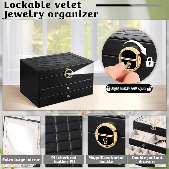 3 Layer Jewelry Boxes for Women with Mirror Large Jewelry Holder Organizer with 2 Jewelry Organizer Drawer PU Lockable Elegant Unique Gifts for Women, Black