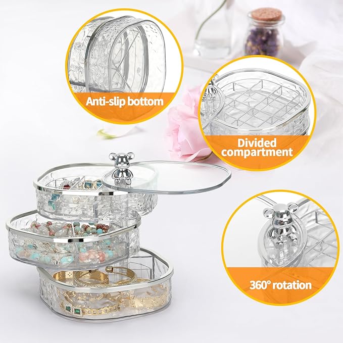 LETURE 3-Layers Rotatable Jewelry Organizer Storage Box, Clear Ripple Jewelry Holder Case for Ring Earring Necklaces Bracelets Makeup Hair Accessories, Small Rotating Jewelry Tray for Women (Clear)
