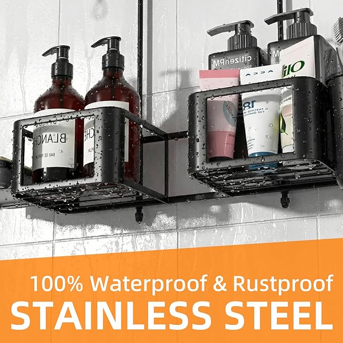 Epicano Hanging Shower Caddy for Handheld Showerheads, Anti-Swing Overhead ShowerCaddy with Removable Hooks & Holders for Razor, Sponge, Soap & Toothbrush, Stainless Steel, Black