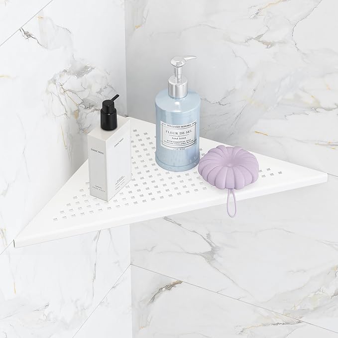 Qeke Bathroom Corner Shelf, Recessed 12" Shower Shelf Caddy, SUS304 Stainless Steel Shelf Wall Mount Triangular, No Drilling, Matte White