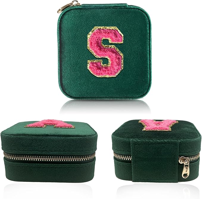Personalized Velvet Travel Jewelry Case Box For Women Ring Necklace Earring Holder Organizer with Mirror Green Girls Box Birthday Gifts Mom Initial S