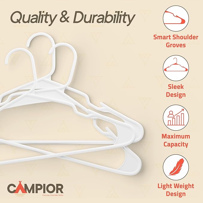 White Plastic Hangers 100 Pack– Heavy-Duty Plastic Hangers Slim and Space-Saving, Durable and Lightweight PP with Non-Slip Shoulder Notches for Slip Dresses, Suits, Jackets & Camisoles