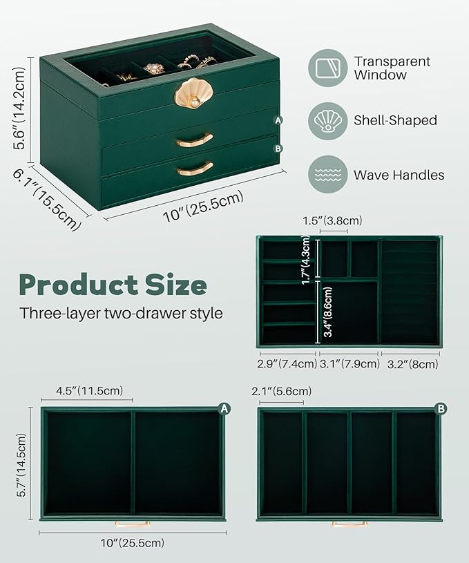 Enthralite Jewelry Box with 2 Drawers: Display Organizer for Earrings Necklaces - Christmas Gifts for Girls Women (Forest Green)