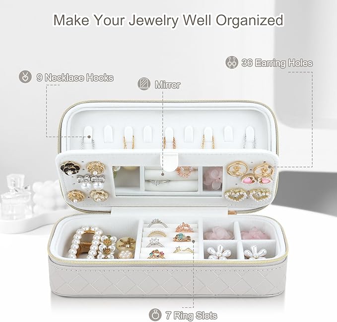 DesignSter Travel Jewelry Case, Woven Embossed PU Leather Jewelry Organizer with Mirror, Small Portable Jewelry Box for Women Rings Necklaces Bracelets Earrings