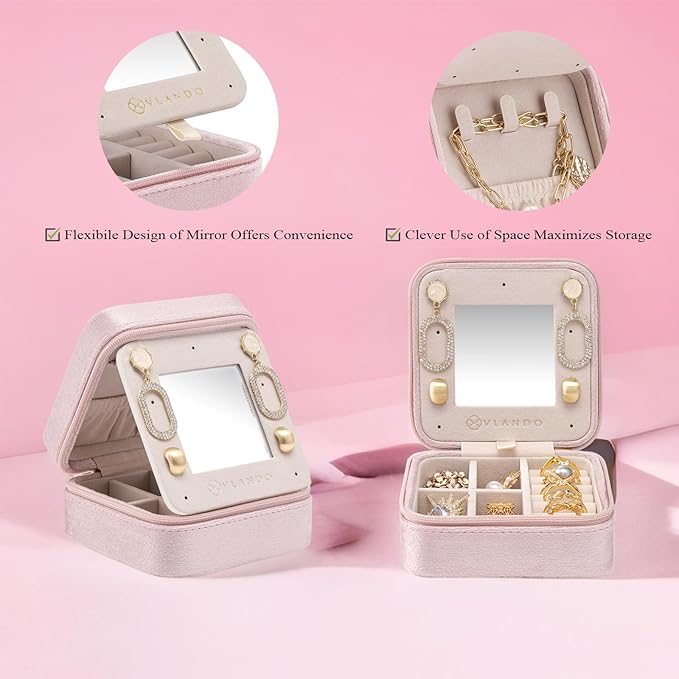Vlando Small Travel Jewelry Box Organizer Display Case for Rings Earrings Necklaces Storage, Selected Soft Velvet, Letter L Engraved, Pink