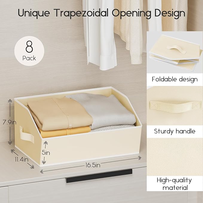Homsorout Large Closet Organizers and Storage Bins - 10 Pack Trapezoid Storage Baskets for Shelves, Foldable Fabric Basket with Handles Ideal for Closet, Basket, Wardrobe and Shelf Storage, Beige