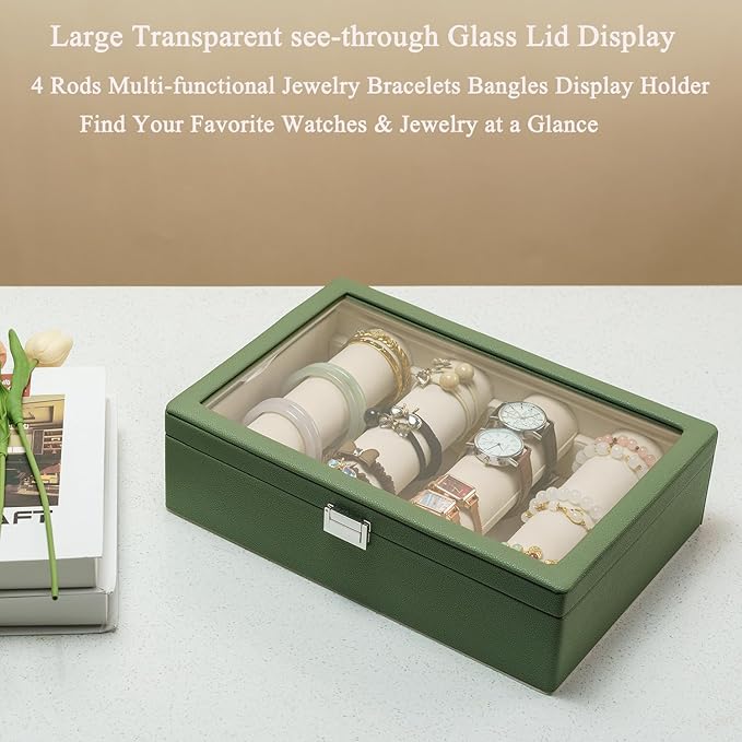 Bracelets Organizer Rods Bangles Display Holder, Clear See through Lid Leather Velvet Jewelry Storage Box Case for Women, 4 Rods Green Leather