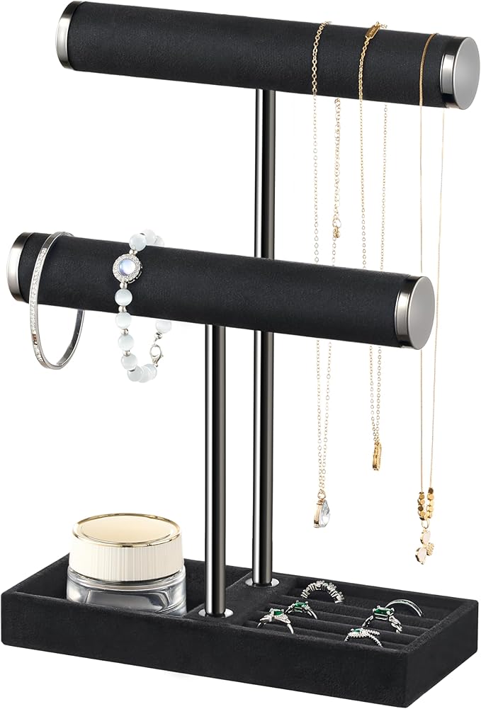 bussdis 2 Tier Bracelet Holder Display - Detachable T Bar Black Velvet Bracelet Holder, Jewelry Holder Organizer for Bracelet, Necklace, Earrings, Rings