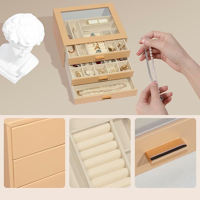 Jewelry Box with Glass Lid, 3-Layer Jewelry Organizer for Women Girls, PU Leather Display Case with 20-Grid Earring Tray & Movable Dividers for Necklaces Rings,Camel