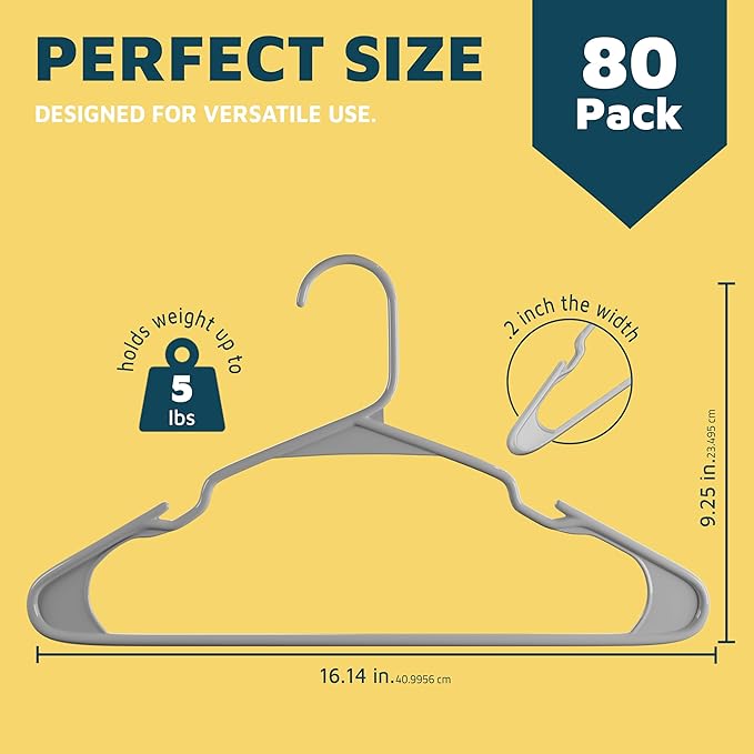 Lifemaster Plastic Clothes Hangers – Heavy Duty Hanger Set, for Organizing Clothes, Dresses, and Coat, Holds Up to 5 lbs, Space-Saving Hangers with Non-Slip Shoulder Grooves, Pack of 80, Gray