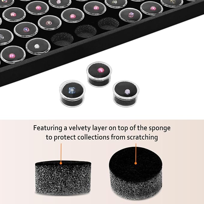Ikee Design Black Foam Gem Jars Showcase Stackable Display Tray for Collectibles, Home Organization Storage Box with 50 Gemstones and Bead Storage Jars