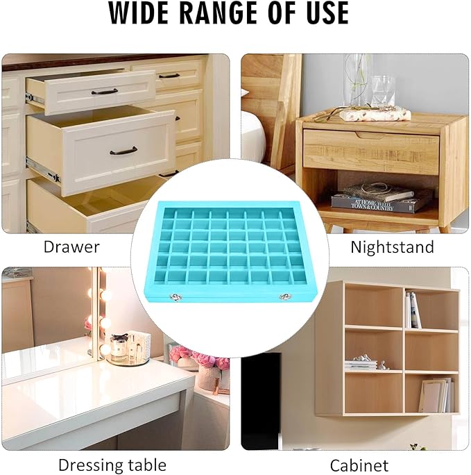 Siveit Velvet Jewelry Tray 48 Grid Jewelry Display Tray Organizer Box with Transparent Lid Rings Earrings Necklaces Pendants Display Box Suitable for Women and Girls (Light Blue)
