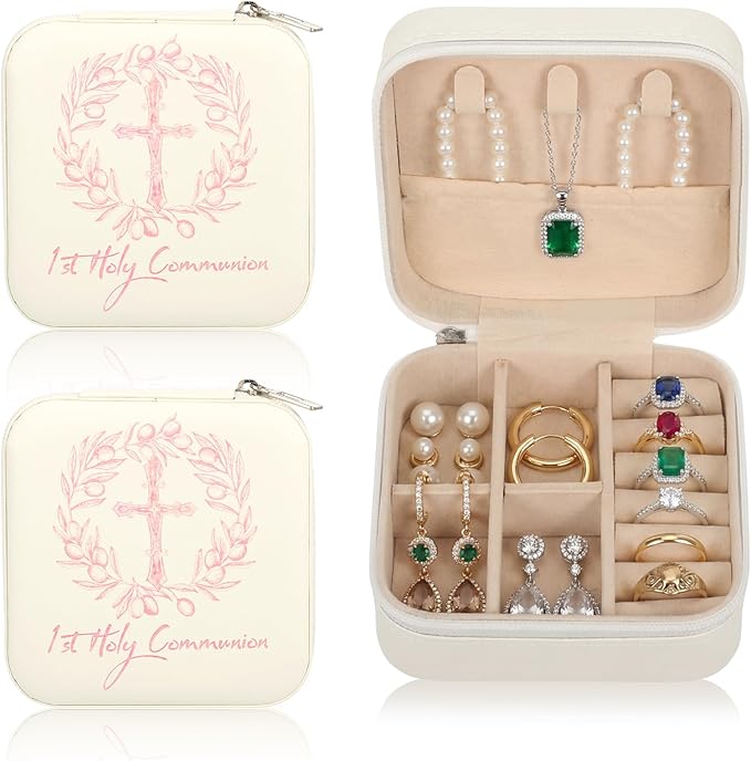 2 Pcs First Communion Travel Jewelry Box, Small Zippered Jewelry Case with Soft Lining, White Square Keepsake Box for Rings Earrings Necklaces, Religious Keepsake Gift for Baptism or Wedding(2, White)