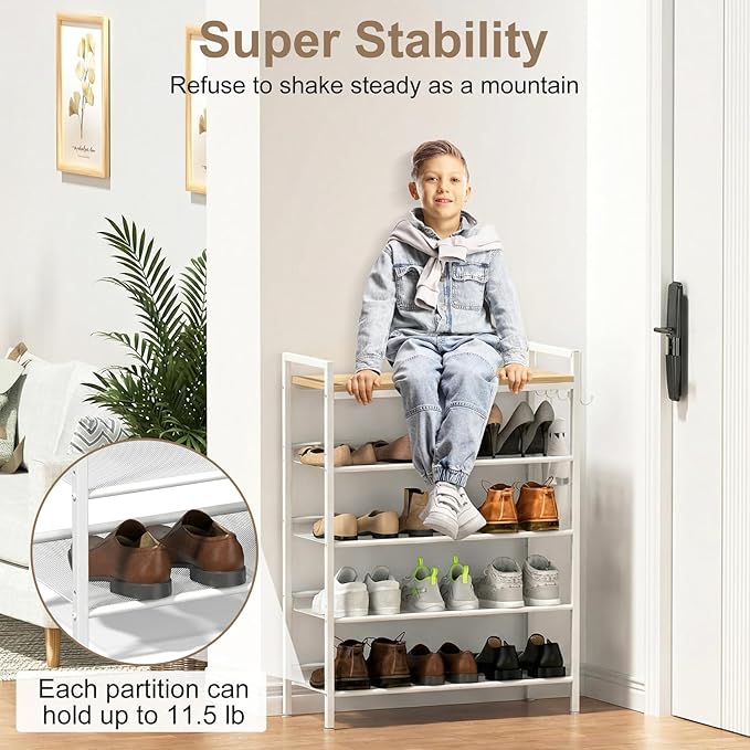 Refrze Shoe Rack for Front Door Entrance, 5 Tier Height-Adjustable Metal Shoe Rack, Sturdy Wooden Top and Tiltable Steel Frame Heavy Duty Shoe Organizer for Bathroom,Bedroom,Kitchen，Include Hook