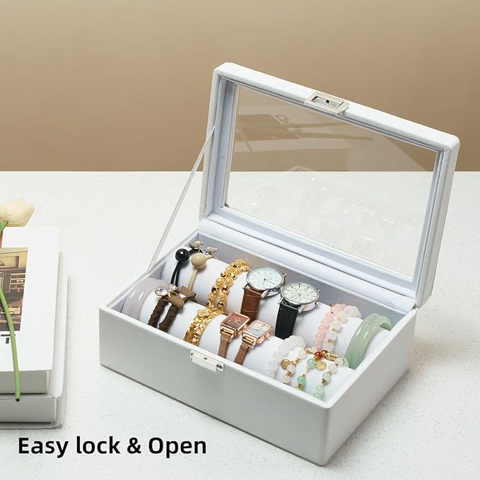 Bracelets Organizer Rods Bangles Display Holder, Clear See through Lid Leather Velvet Jewelry Storage Box Case for Women, 2 Rods White Leather