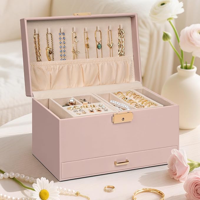 AKOZLIN Travel Jewelry Box Organizer Functional 2-trays Leather Jewelry Storage Case with Lockable Portable Drawer for Women Girls Ring Necklace Earring Bracelet