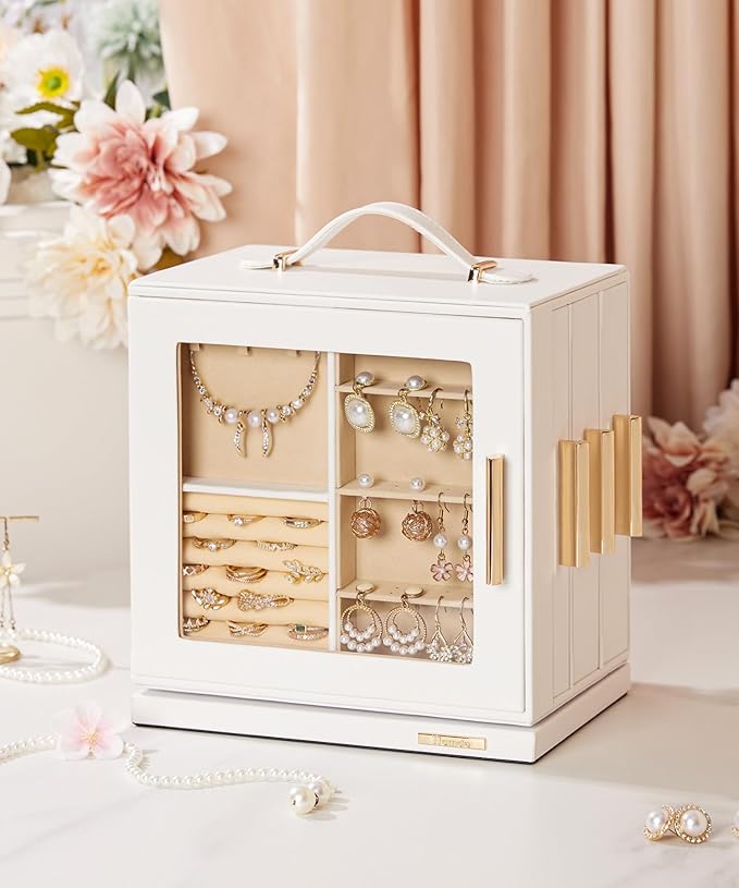 Homde Mothers Day Gifts Jewelry Box 360° Rotating, Necklace Earring Organizer with Transparent Window, Mirror, 7 Drawers, Large Ring Display Storage Case for Girls Women (White)