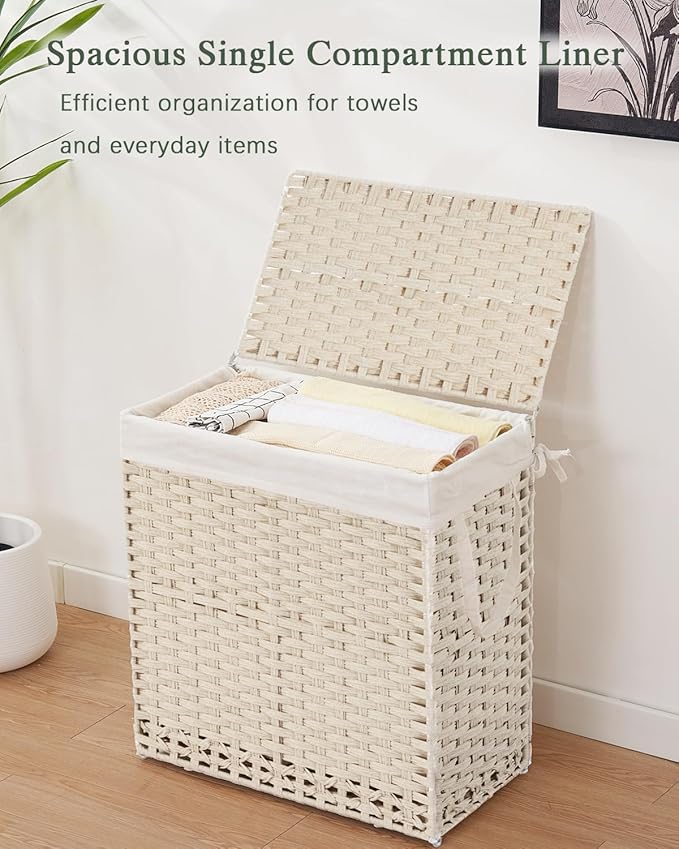 SETVSON Laundry Hamper with Lid Wicker Laundry Basket 112 L (29.6 Gal) Laundry Hampers Handwoven Rattan Clothes Hamper with Handles 3 Removable Liner Bag, 6 Mesh Bags for Bathroom Bedroom Light Khaki