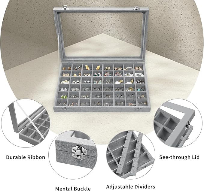Stratalife Jewelry Organizer 48 Grid Jewelry Trays with Dust-proof Lid Velvet Earring Organizer Ring Holder Accessories Box Necklaces Earrings Storage for Women Drawers Gray