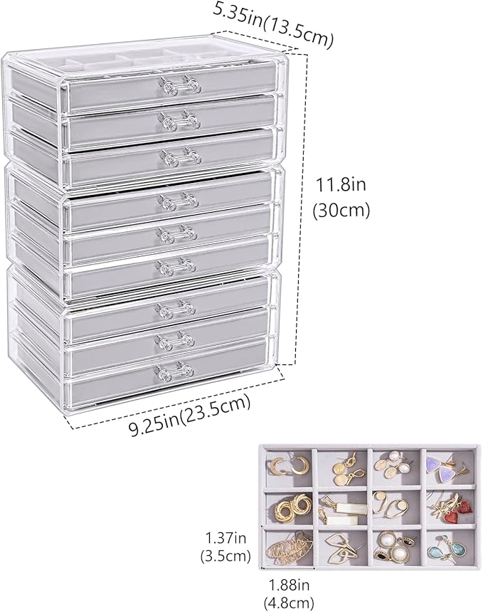 Lolalet Earring Holder Organizer Box Jewelry Storage with 9 Drawers, Clear Acrylic Stackable Earring Case with Adjustable Velvet Trays for Women on Dresser Vanity -Grey, 9 Layers