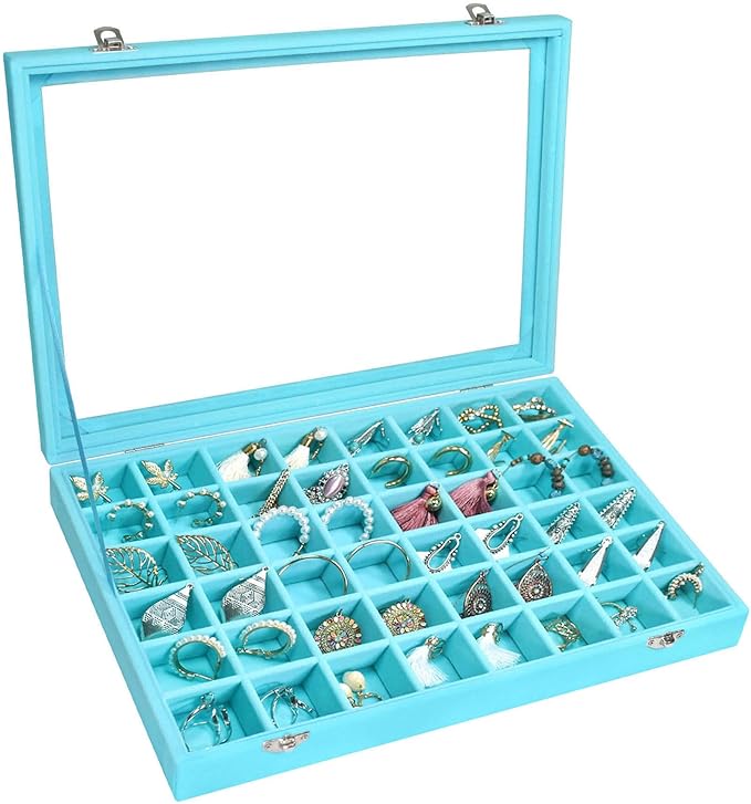 Siveit Velvet Jewelry Tray 48 Grid Jewelry Display Tray Organizer Box with Transparent Lid Rings Earrings Necklaces Pendants Display Box Suitable for Women and Girls (Light Blue)