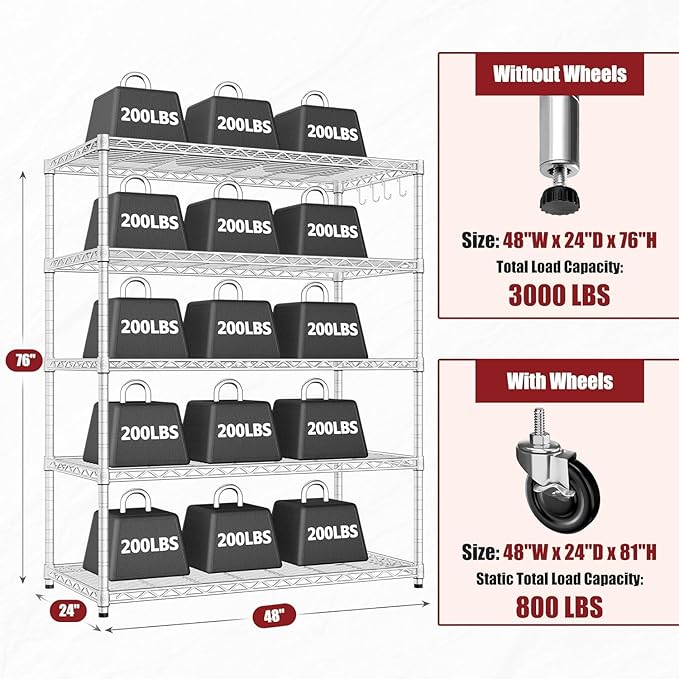 PrimeZone 5 Tier 48" Wx24''Dx81''H Wire Shelving with Wheels 3000lbs NSF Storage Shelves Heavy Duty Metal Shelf Adjustable Rolling Rack Commercial Garage Restaurant Warehouse Kitchen Chrome 8Pack