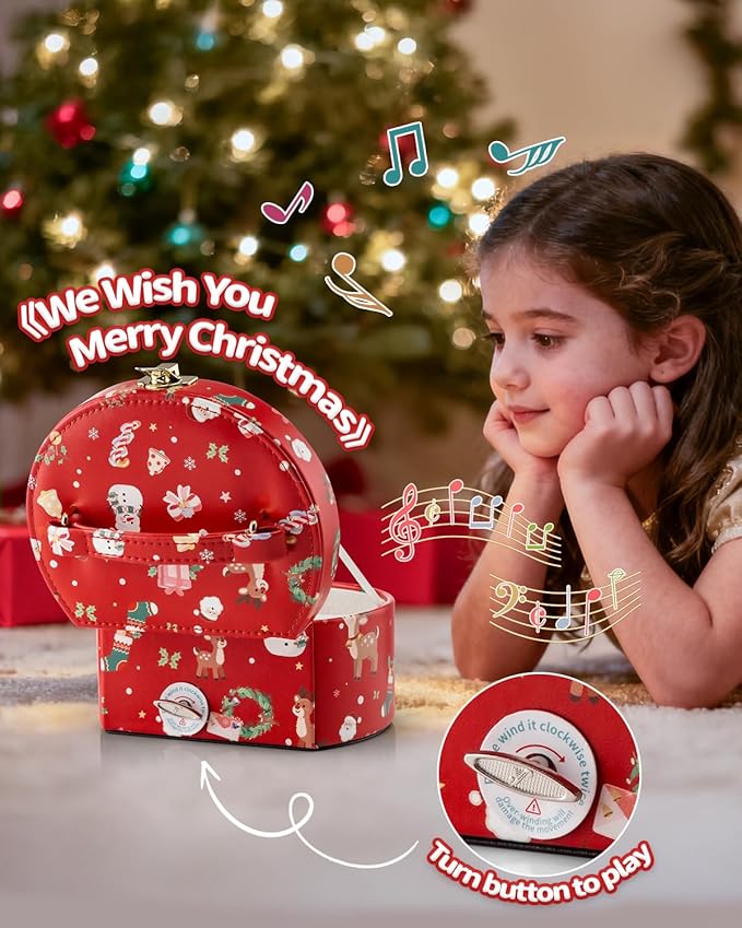 Vlando Christmas Gifts for Girl, Musical Jewelry Box for Girls, Small Kid Music Box with Ballerina for Party Bedroom Decor, Gifts for Girls Kids - Christmas Red