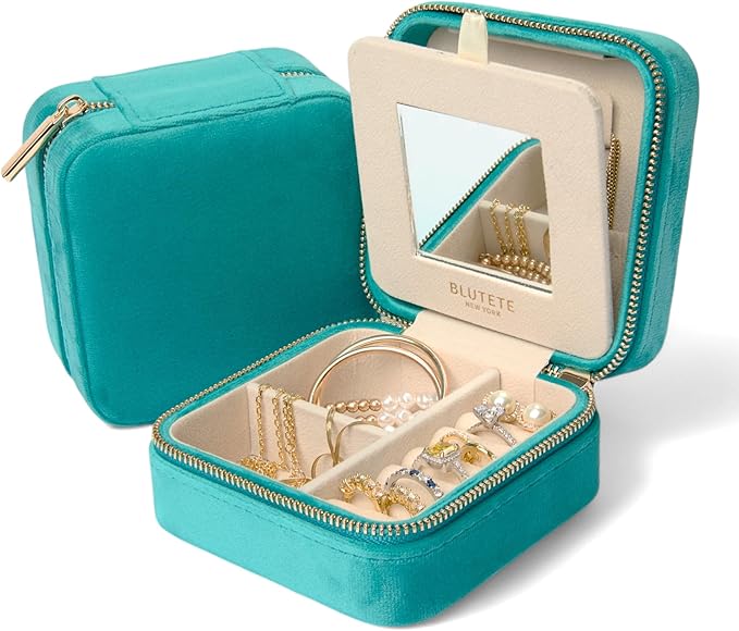 BLUTETE Travel Jewelry Box Organizer Velvet Travel Case With Mirror Ring Earrings Necklaces Storage Organizer Box (Turquoise)