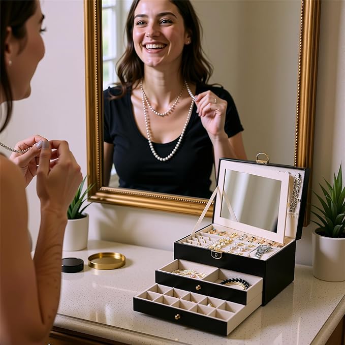 3 Layer Jewelry Boxes for Women with Mirror Large Jewelry Holder Organizer with 2 Jewelry Organizer Drawer PU Lockable Elegant Unique Gifts for Women, Black