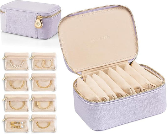 VLANDO Travel Jewelry Box Organizer – Portable PU Leather Jewelry Case with 6/8/12 Zippered Pouches, Compact Storage for Earrings Rings Necklaces Bracelets, Lilac Purple