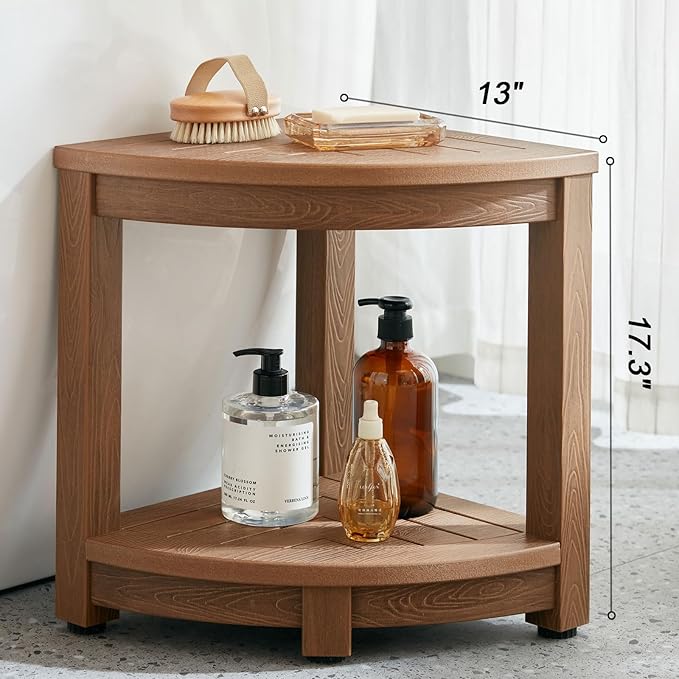 KaimuBench Corner Shower Stool for Shaving Leg, Waterproof Bathroom Shower Bench Seat for Inside Shower, Poly Lumber Plastic Shower Chair Seat, Shower Foot Rest with Adjustable Feet, Non-Slip, Brown
