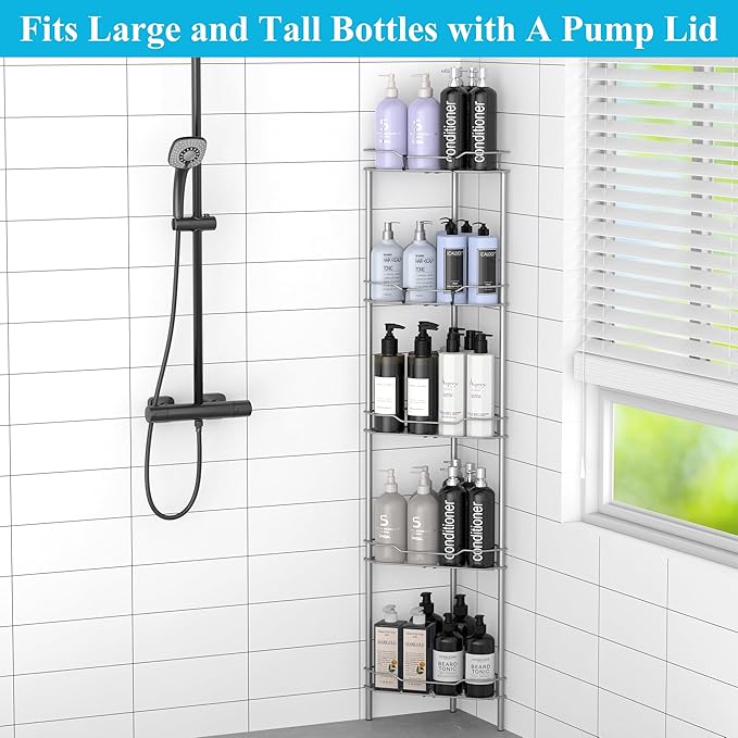 HuggieGems 5 Tier Floor Standing Corner Shower Caddy Organizer Shelf with Hooks, Bathroom Shelves Stand Rack, Gray
