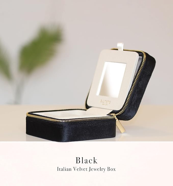 BLUTETE Travel Jewelry Box Organizer Velvet Travel Case With Mirror Rings Earrings Necklaces Storage Organizer Box (Black)