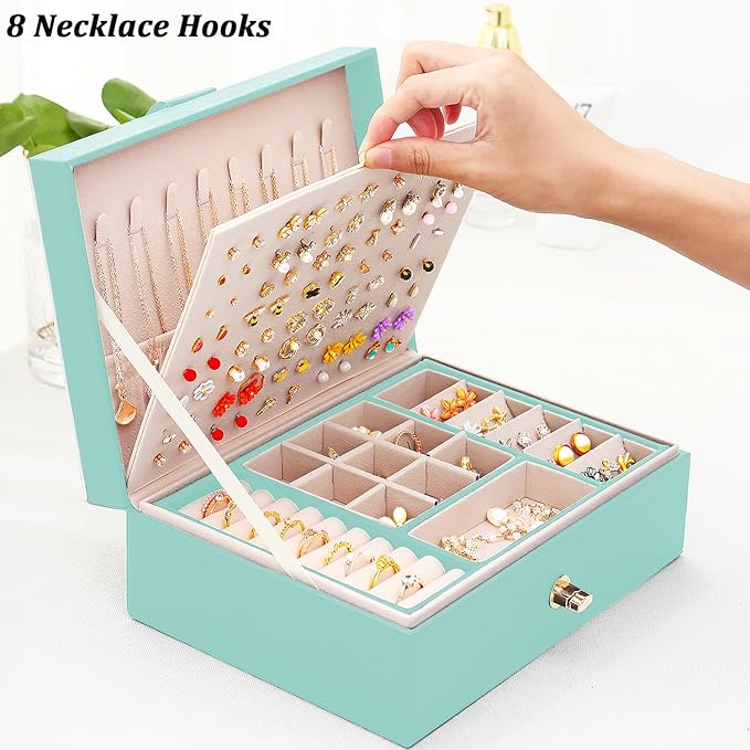 Earrings Jewelry Box for Girls, Large Capacity Jewelry Organizer with 40-Pair Earring Board, 2-Layer Leather Jewelry Storage Box for Necklaces Rings Bracelets with Removable Tray(Gift Idea),Turqueoise
