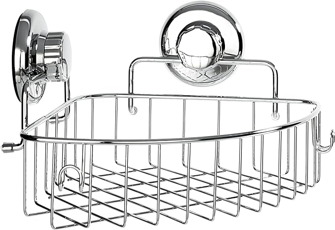 HASKO accessories Corner Shower Caddy with Suction Cups and 3M Adhesive Mounting Discs for porous surfaces - Stainless Steel Basket for Bathroom Storage (Chrome)