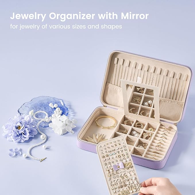 Lolalet Travel Jewelry Case for Women Girls, Travel Jewelry Organizer Box with Mirror & Clear Storage Bag, Small Portable Earring Necklace Bracelet Ring Case, Birthday Valentine Gifts -Large, Purple