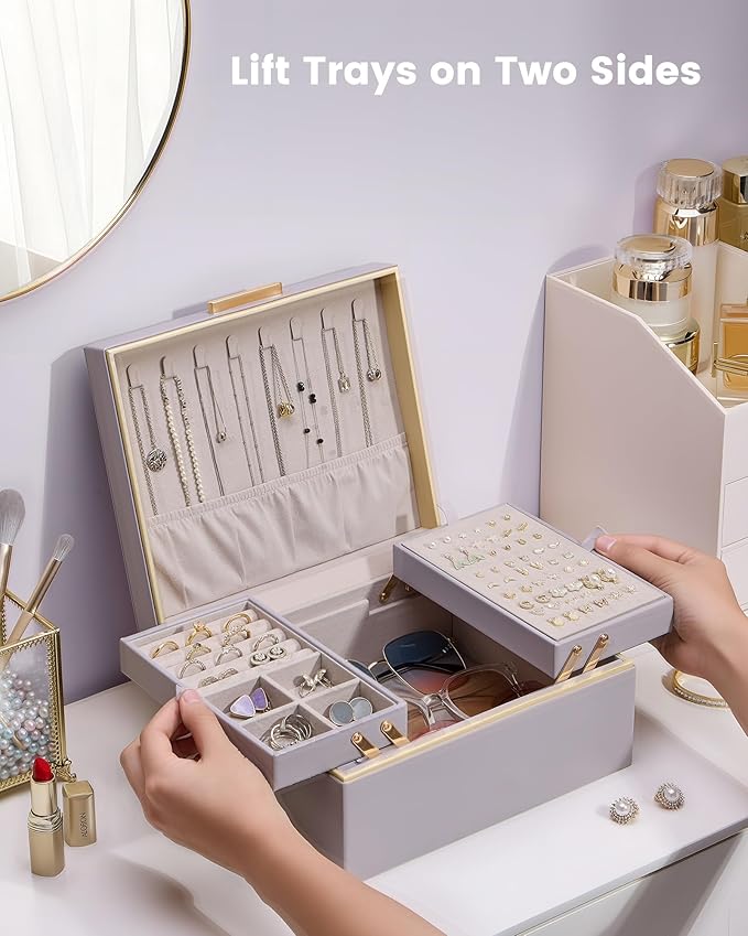 Lolalet Jewelry Box Organizer for Women Girls, 2 Layer Jewelry Organizers and Storage for Necklace Earrings Rings Bracelets, Large Jewellery Holder Case Birthday Mothers Day Gifts -HazePurple